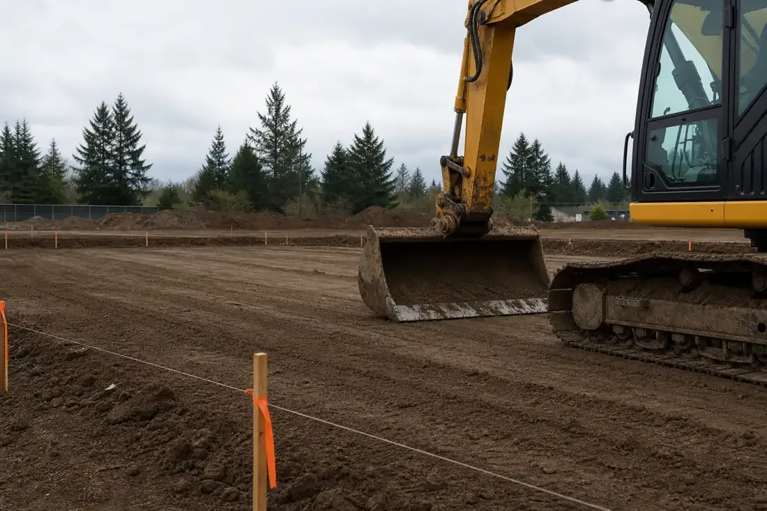 Excavator grading and leveling a dirt lot with grade stakes in Vancouver, WA