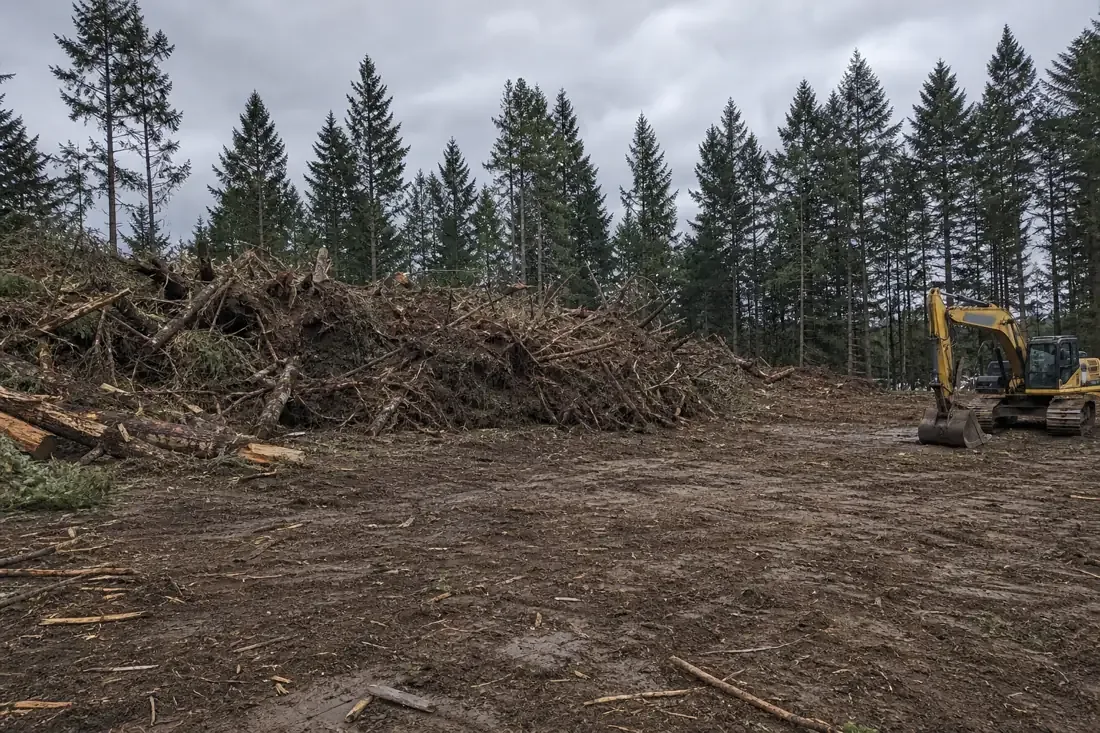 Rural Vancouver lot fully cleared of trees and brush with debris pile and excavator