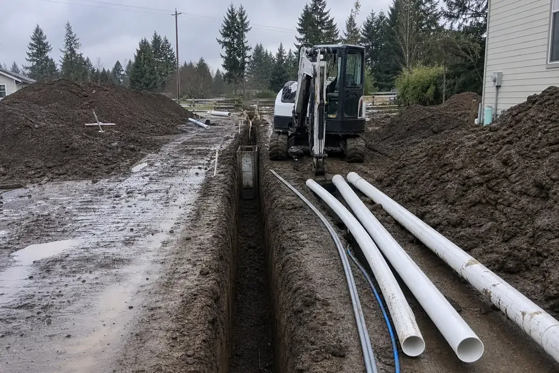 Utility trenching for water and sewer lines on a Vancouver, WA job site